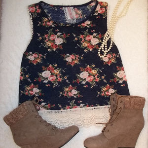 Mauve Navy Floral Crochet Sweater Top Size Small